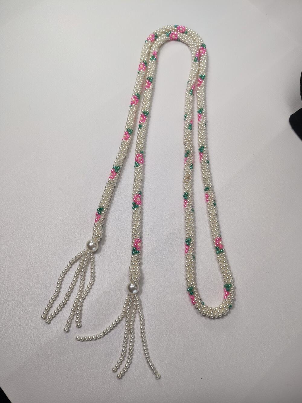 Vtg 60's Sautior Crochet White Pink Green Faux Pearl Lariat Tassel Necklace 46"